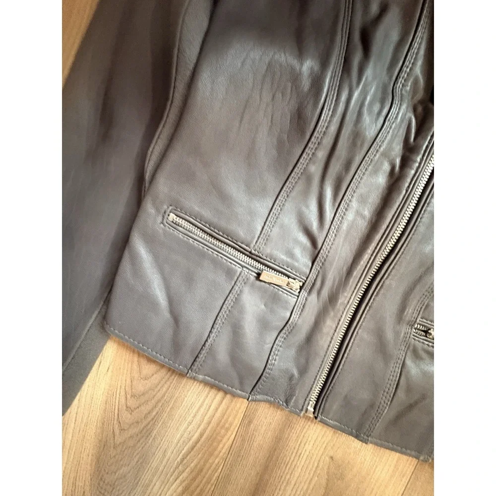 Michael Michael Kors Dark Gray Leather Moto Jacket Women's Small Silver Coat